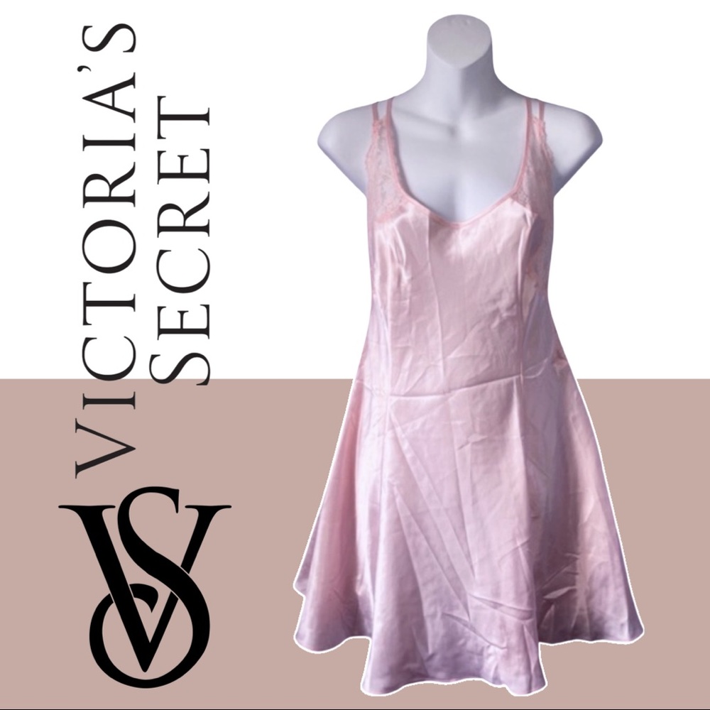 Victoria Secret Strappy Chemise Babydoll Slip Pink Satin Lace M